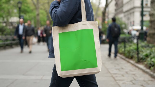 Man Carrying Canvas Tote Bag with Green Screen Mockup Space Walking in City Park