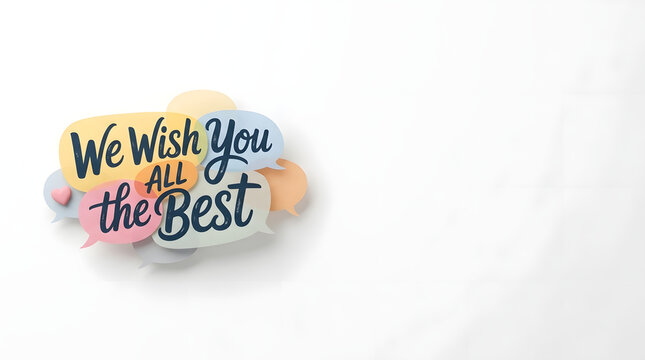 "We Wish You All the Best" typography on colorful pastel speech bubbles with a heart icon over a clean white background with copy space, ideal for farewell, celebration, and greeting cards.