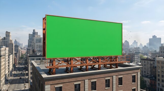Large Green Screen Billboard Mockup for Advertising on City Building Rooftop with Urban Skyline View