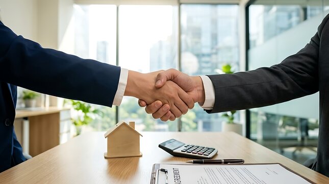 Businessmen shaking hands over a wooden table with a house model and agreement document