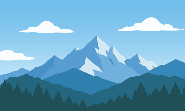 Blue snowy mountain peaks with white clouds, winter nature landscape vector illustration.