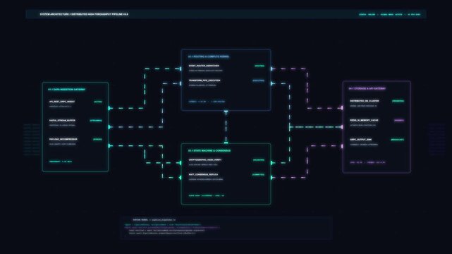 Futuristic dark mode UI animation displaying glowing data flowchart nodes and network metrics.