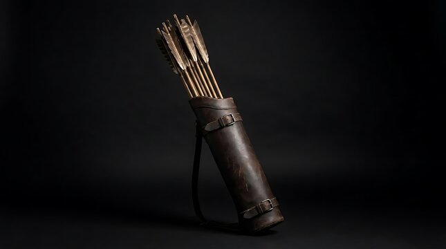 Leather quiver with wooden arrows on black background.
