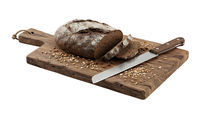 Freshly baked rye bread sliced on a rustic wooden cutting board with a knife.