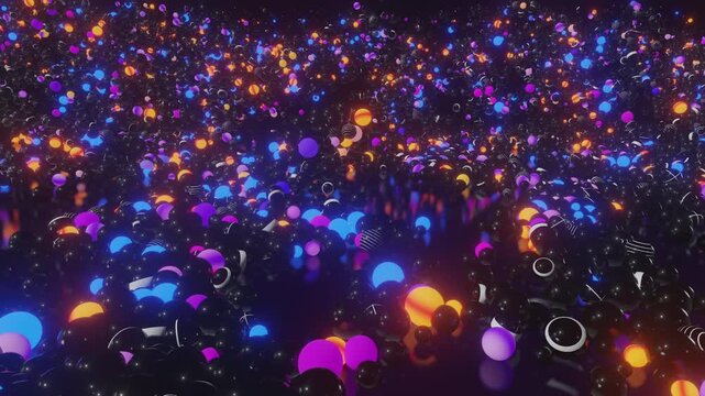 Seamless loop of countless glowing and striped spheres colliding and rolling. Kinetic physics simulation, illuminated glowing orbs, and energetic festival celebration concept background