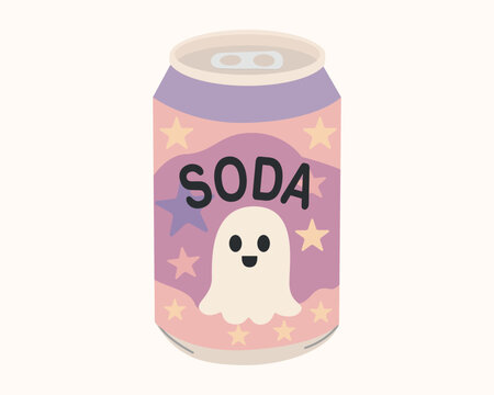 Pastel soda drink can featuring cute ghost illustration and SODA text, retro Halloween beverage pop can vector sticker graphic