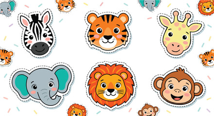 Obraz premium Vibrant and Adorable Collection of Cute Cartoon Jungle and Safari Animal Face Stickers for Children's Designs, Playful Decorations, and Educational Themes