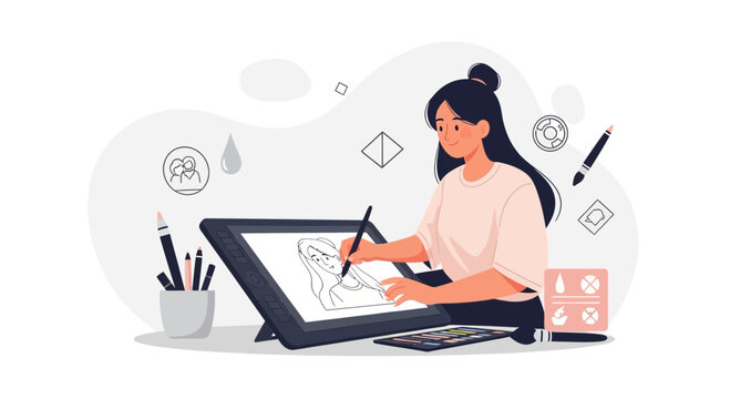 Young woman digitally illustrating on a graphic tablet, surrounded by creative tools and abstract shapes, symbolizing digital art and design.