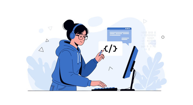 Young woman coder with headphones working on a computer, coding, programming, development, technology, digital illustration