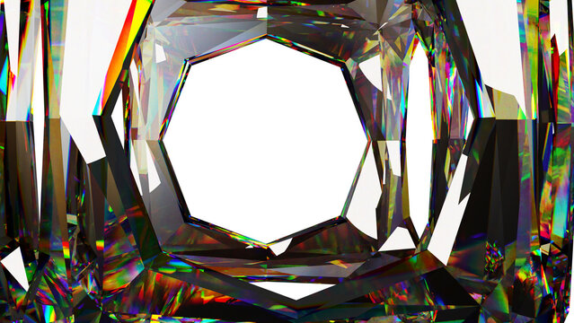 Faceted Diamond Crystal Prism Frame with Rainbow Refraction Isolated on PNG