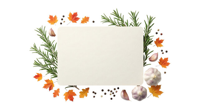 Autumn food background with blank paper card surrounded by herbs spices and leaves.