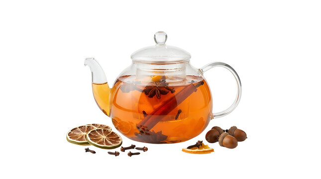 Glass teapot filled with warm spiced tea surrounded by cinnamon, anise, citrus, and nuts.