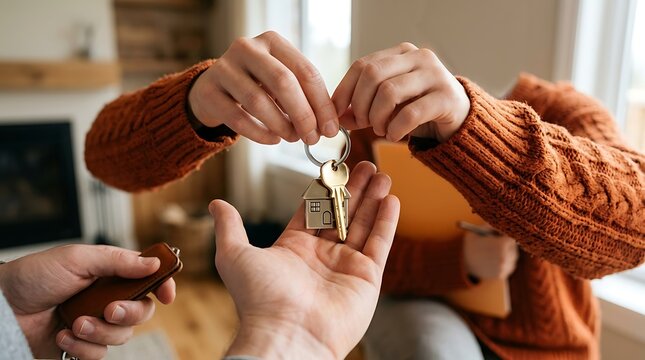Handing over house keys symbolizes homeownership, real estate transaction, and new beginnings