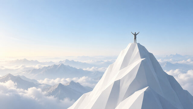 Tiny person raising both arms atop a sharp geometric mountain, career achievement and goal completion above clouds. 3D minimal business concept for leadership training and corporate presentation.