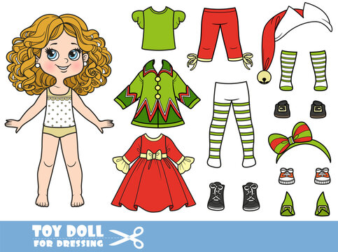 Cartoon girl with curle haired and clothes separately -  elegant  New Year elf fancy dress costume