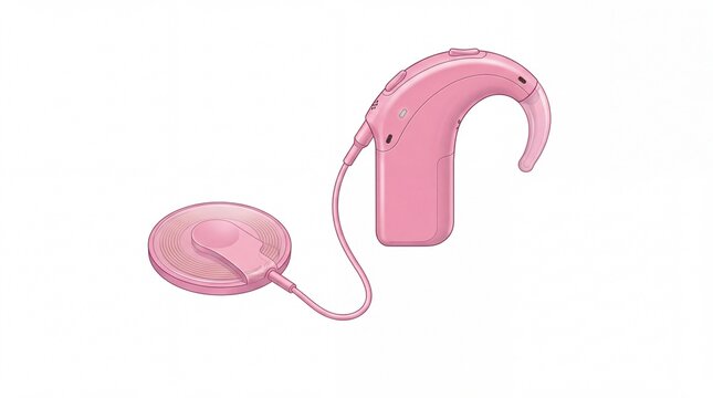 Modern pink cochlear implant medical device with processor component on white background