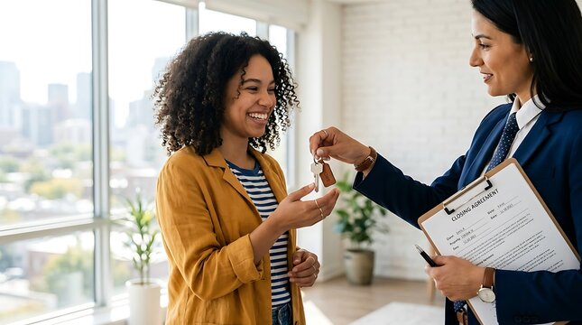 Happy woman receives house keys from real estate agent after signing closing agreement