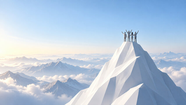 Tiny team celebrating together on a faceted mountain summit, group achievement and collective success above clouds. 3D minimal business concept illustration for corporate HR and team motivation.
