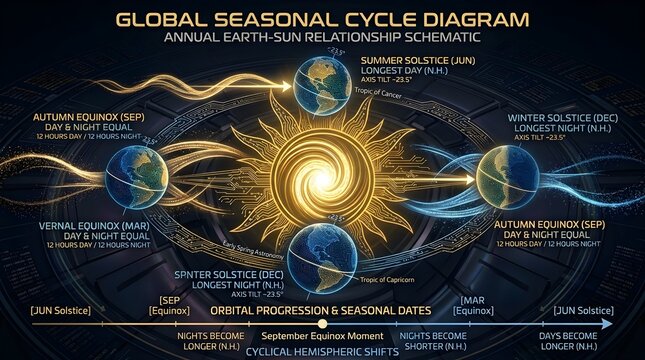 Autumn Equinox Global Global seasonal cycle diagram illustrating annual earth sun relationship schematic with planetary orbits, equinoxes, solstices, and futuristic technological infographics displaye