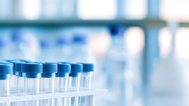 Row of test tubes with blue caps in a rack on a blurred laboratory background