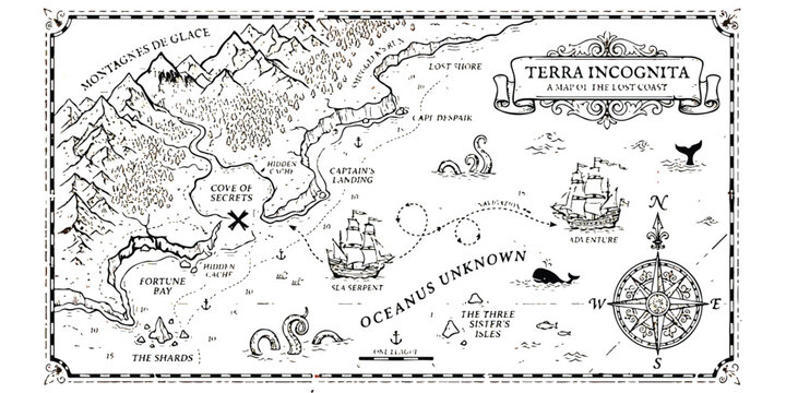 Vintage fantasy treasure map with mountains ocean ships and compass rose illustration