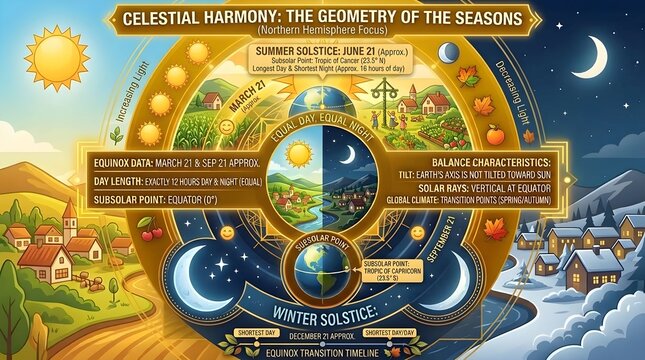 Celestial harmony infographic illustrating the geometry of the seasons with earth axis tilt, equinox dates, solstices, and solar rays during northern hemisphere focus Autumn Equinox Global