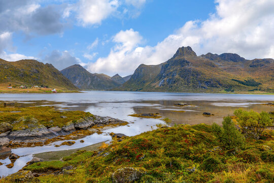 Scenic autumn landscape along the E10 south of Leknes in Lofoten, Norway