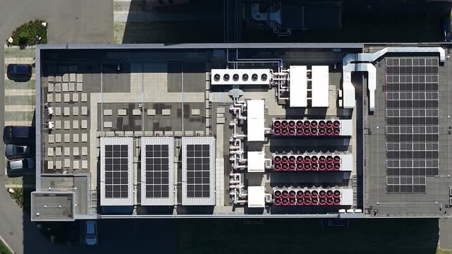Aerial view of Rooftop HVAC Cooling Systems on Commercial Data Center