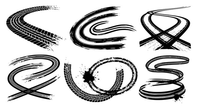 Tire tread marks after skidding, launch, drift, powerslide in motorsport, rally, off-road, motocross. Wheel texture with splash effect. Vector, JPEG version.