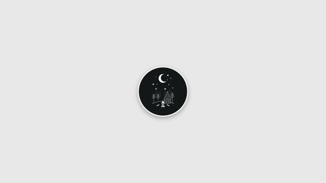 Camping Badge Animation with Flickering Campfire and Starry Night Sky