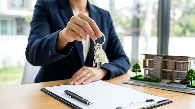 Real estate agent handing over house keys, symbolizing home ownership and property investment success