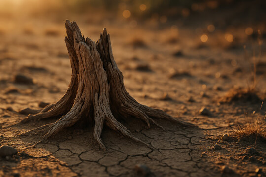 Dead tree stump with exposed roots on cracked dry ground