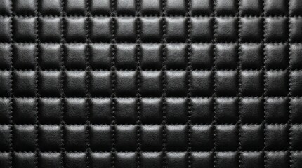 Fototapeta premium Close Up Texture of Black Quilted Synthetic Leather with Square Grid Pattern and Detailed Stitching for Luxury Upholstery Background