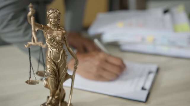 Lady Justice Statue with Legal Professional Signing Documents in Law Office
