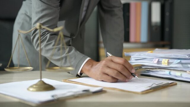 Legal Professional Signing Documents with Scales of Justice in Law Office