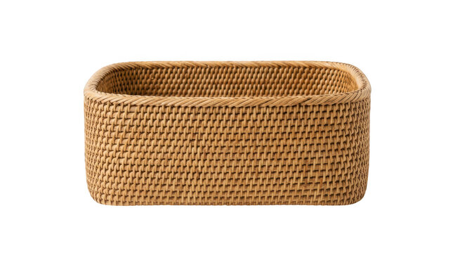Empty rectangular wicker basket made of natural rattan, isolated on transparent background