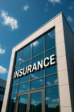Insurance sign on a tall glass office facade