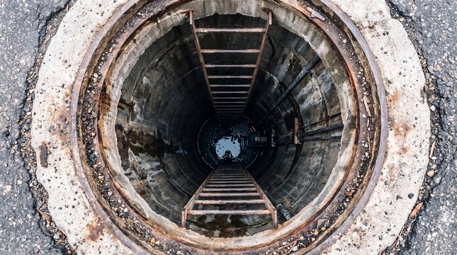 Open concrete manhole shaft with rusty metal access ladder leading down into deep underground drainage system, representing sewer maintenance, urban infrastructure and civil engineering