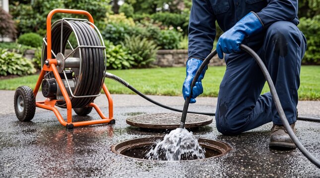 Plumber flushing residential sewer line with high pressure jetter hose outdoors. Service technician unblocking underground drainage pipe near open manhole cover during sewer maintenance.