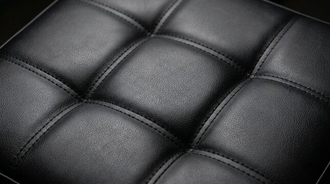 Elegant black synthetic leather upholstery texture with quilted square patterns and fine stitching detail for furniture design.