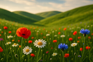 Obraz premium Poppies and daisies blooming across a rolling green meadow
