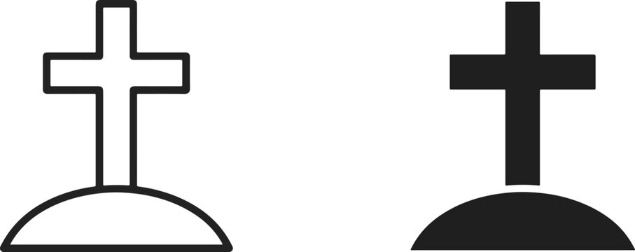 Christian cross on a grave mound outline and solid icon set with grave site