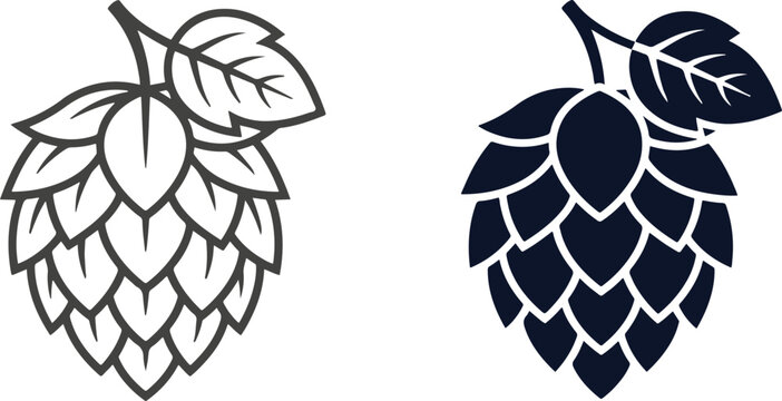 Hop plant cone with leaves outline and solid vector icon set