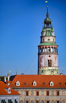 Architectural Detail of Česk&yacute; Krumlov Castle Tower and Painted Facade