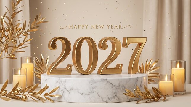 Happy New Year 2027 Minimal White and Gold Elegant Background