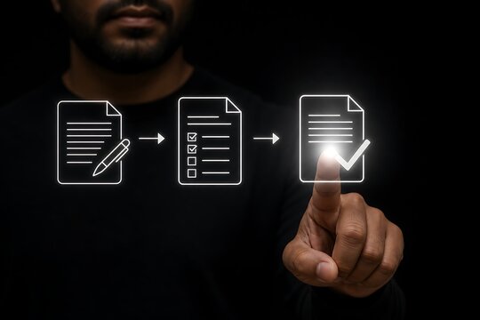 Digital workflow process and document management system demonstrated by man pointing at screen