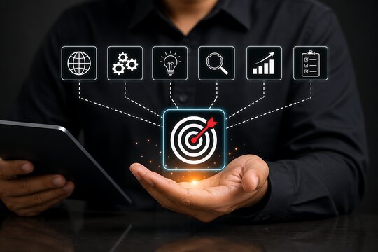 Man holding tablet and showcasing business target bullseye with icons in glowing overlay
