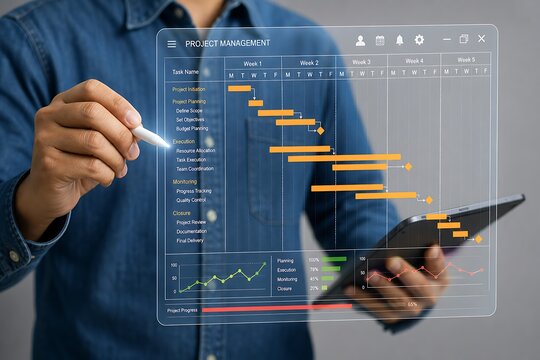 Man interacting with transparent digital project management gantt chart schedule on tablet
