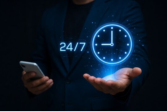 Person in dark suit holding smartphone with holographic glowing twenty four seven clock icon