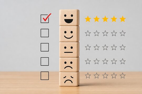 Wooden blocks stack showing customer feedback satisfaction scale from happy to sad